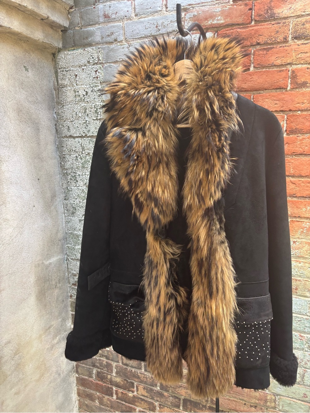 Black Teddy Jacket with Brown Faux Fur Trim and Studded Hem